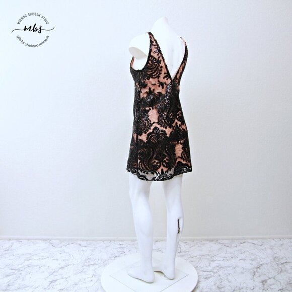 Free People Night Shimmers Lace Sequin Sleeveless Mini Dress Black Tan Women 4 - Picture 4 of 12